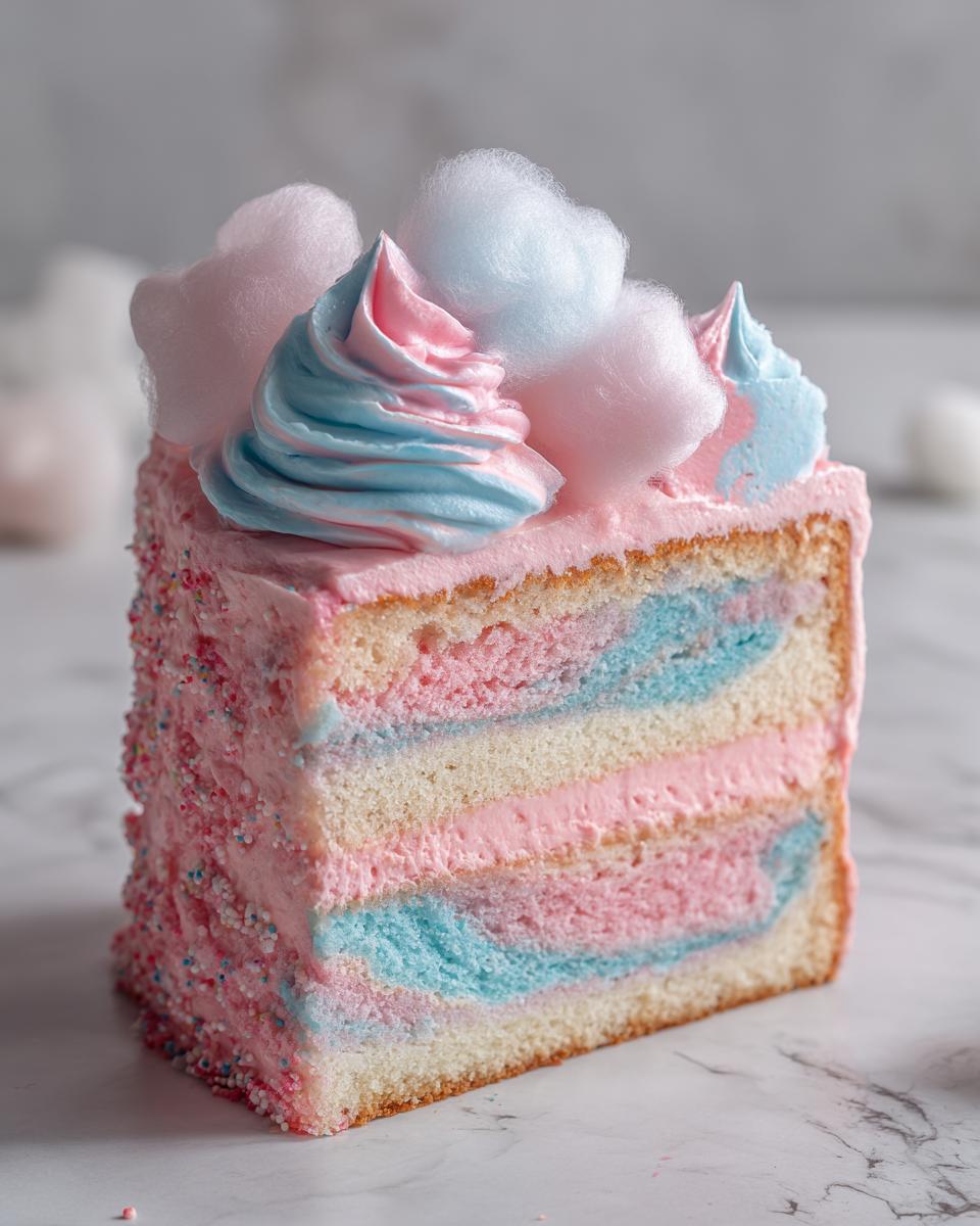 Close-up of a slice of cotton candy cake showing pink and blue marbled layers, topped with pink frosting and actual cotton candy.