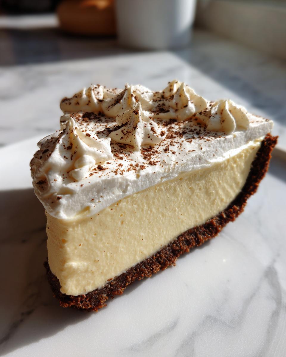 A close-up slice of creamy eggnog pie featuring a dark crust, light yellow filling, and piped whipped cream dusted with cocoa.