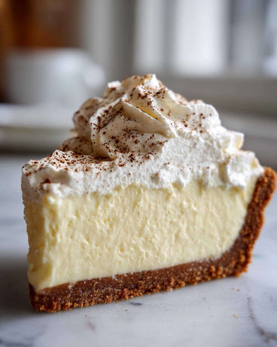 A close-up slice of creamy eggnog pie featuring a graham cracker crust and topped with whipped cream and nutmeg.