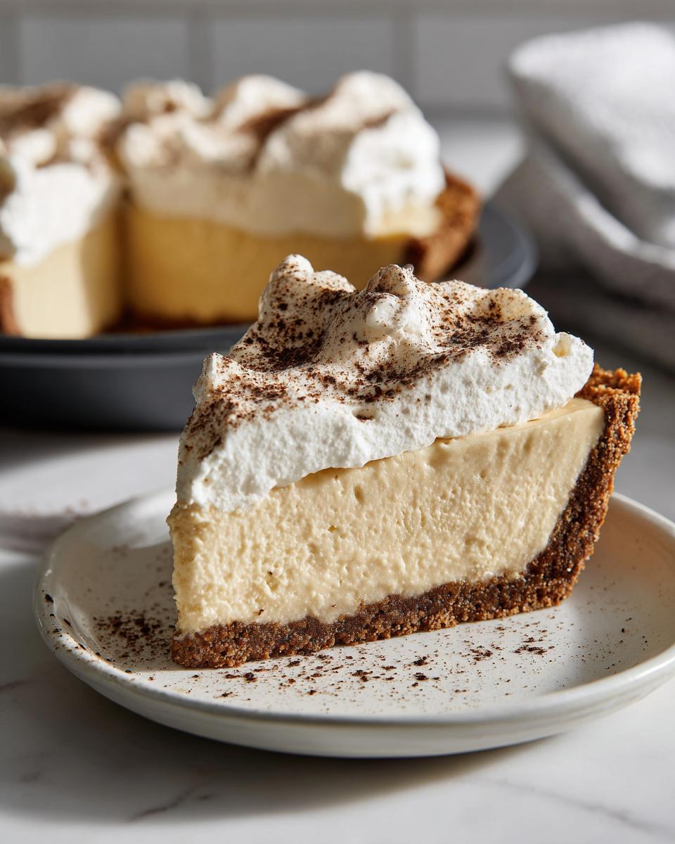 A close-up of a thick slice of creamy eggnog pie with a graham cracker crust and dusted whipped cream topping.