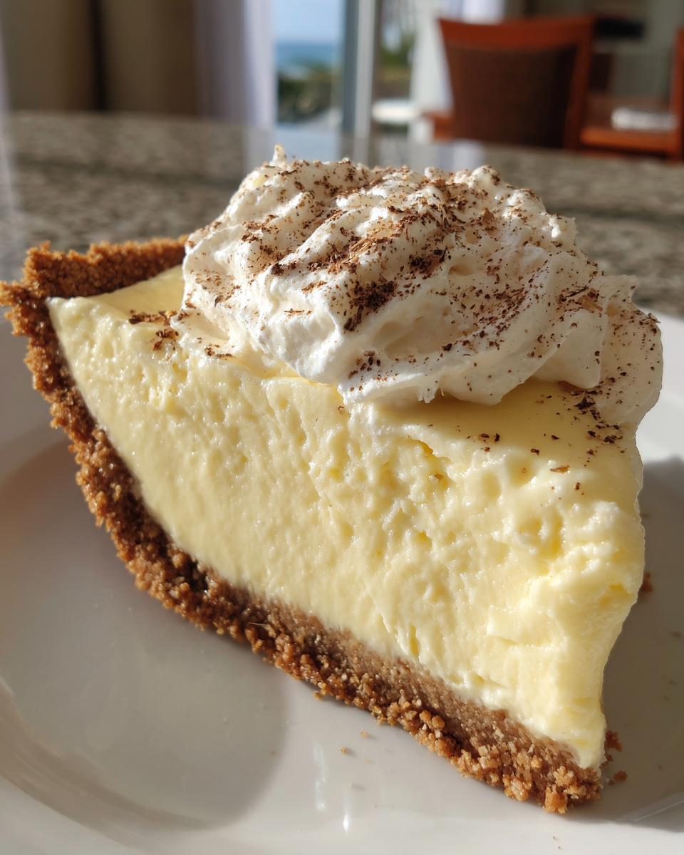 A close-up of a luscious slice of eggnog pie with a graham cracker crust, topped with whipped cream and nutmeg.