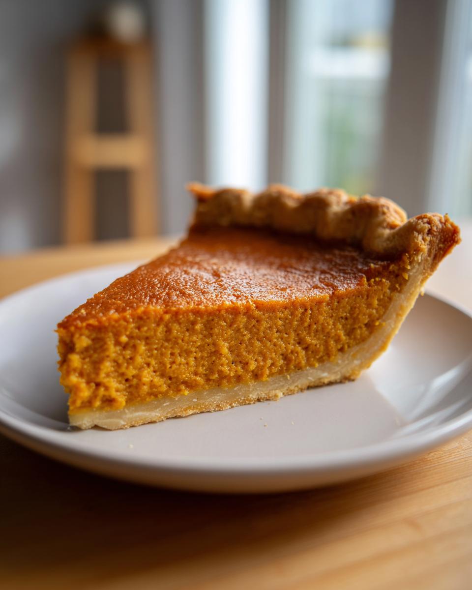 A close-up of a rich, orange slice of easy pumpkin pie on a white plate.