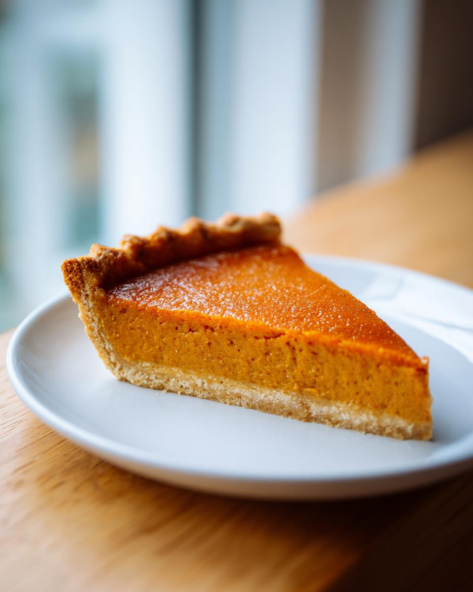 A close-up of a perfect slice of easy pumpkin pie with a golden crust on a white plate.