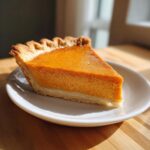 A perfect slice of rich, orange easy pumpkin pie with a flaky crust on a white plate.