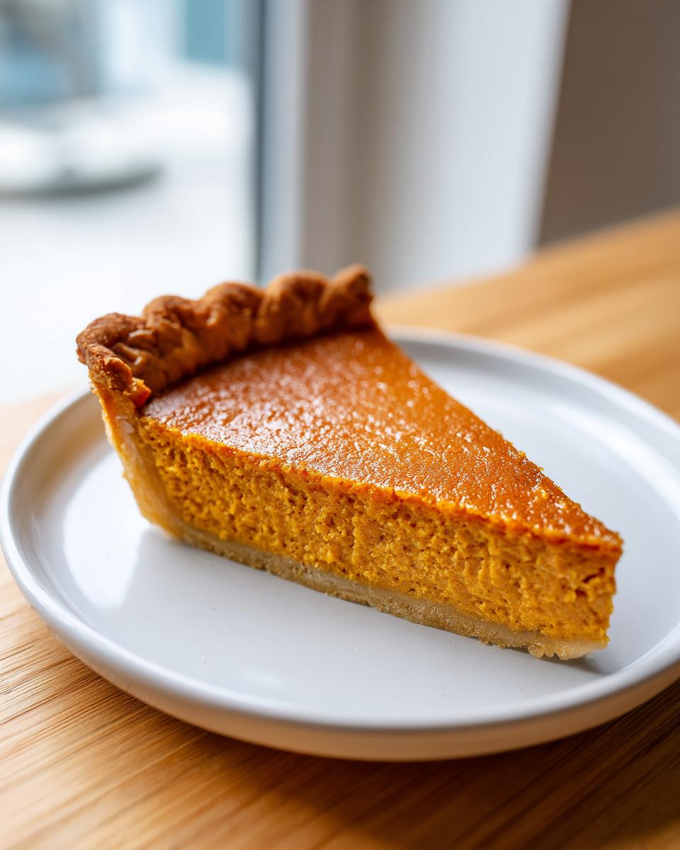 A perfect slice of vibrant orange easy pumpkin pie with a crimped crust edge, served on a white plate.
