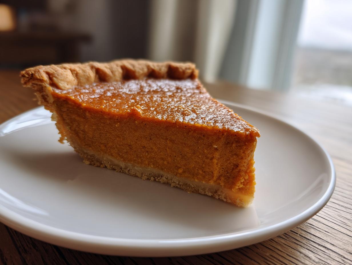 A close-up of a thick slice of easy pumpkin pie with a golden crust on a white plate.