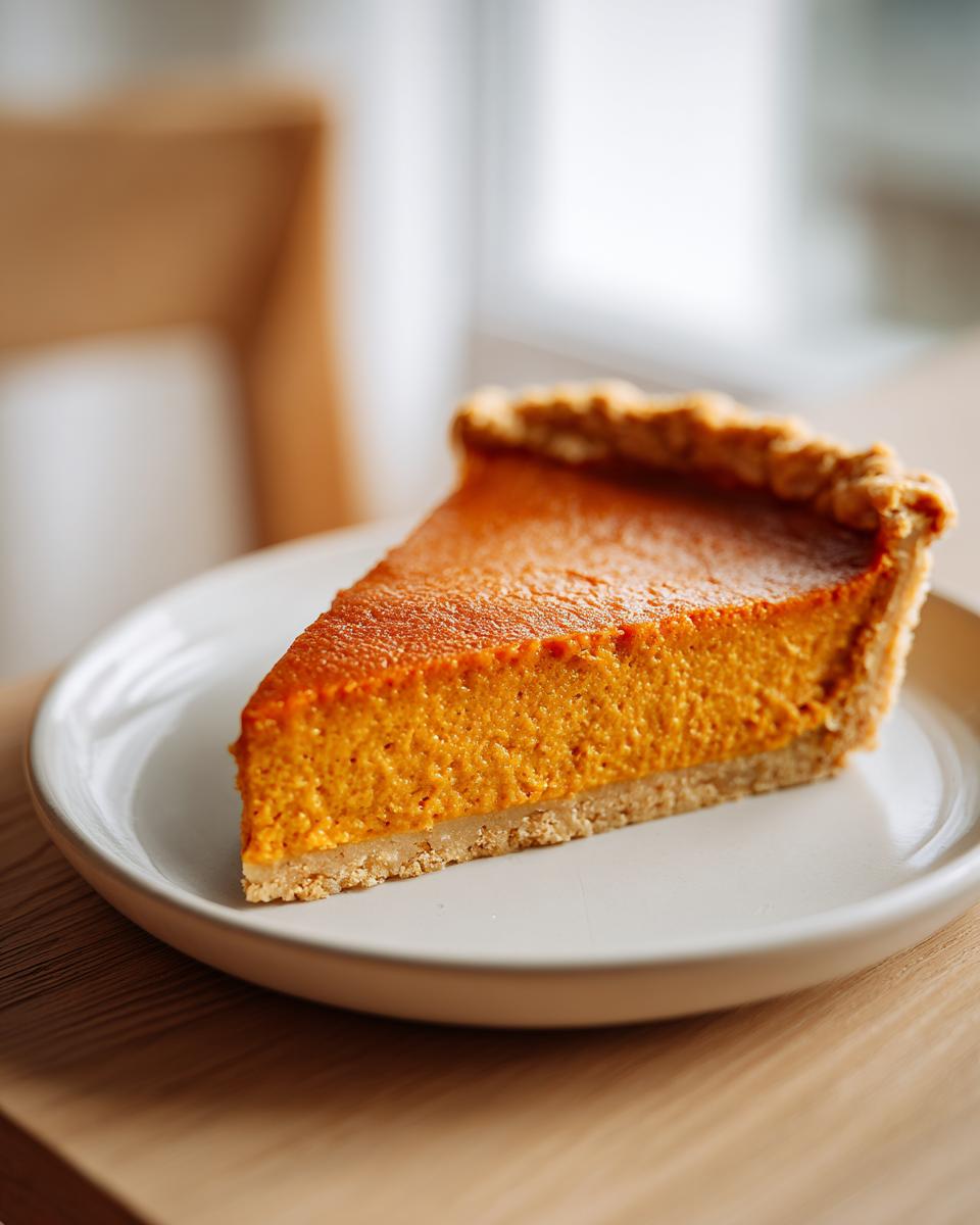 A close-up of a perfect slice of easy pumpkin pie with a thick, orange filling and a golden crust.
