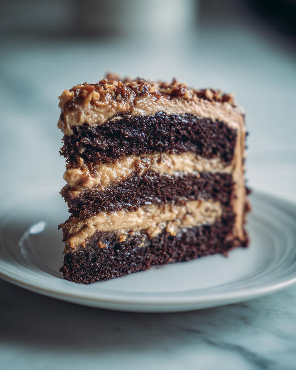Close-up of a decadent slice of german chocolate cake recipe with multiple dark chocolate layers and thick pecan coconut frosting.