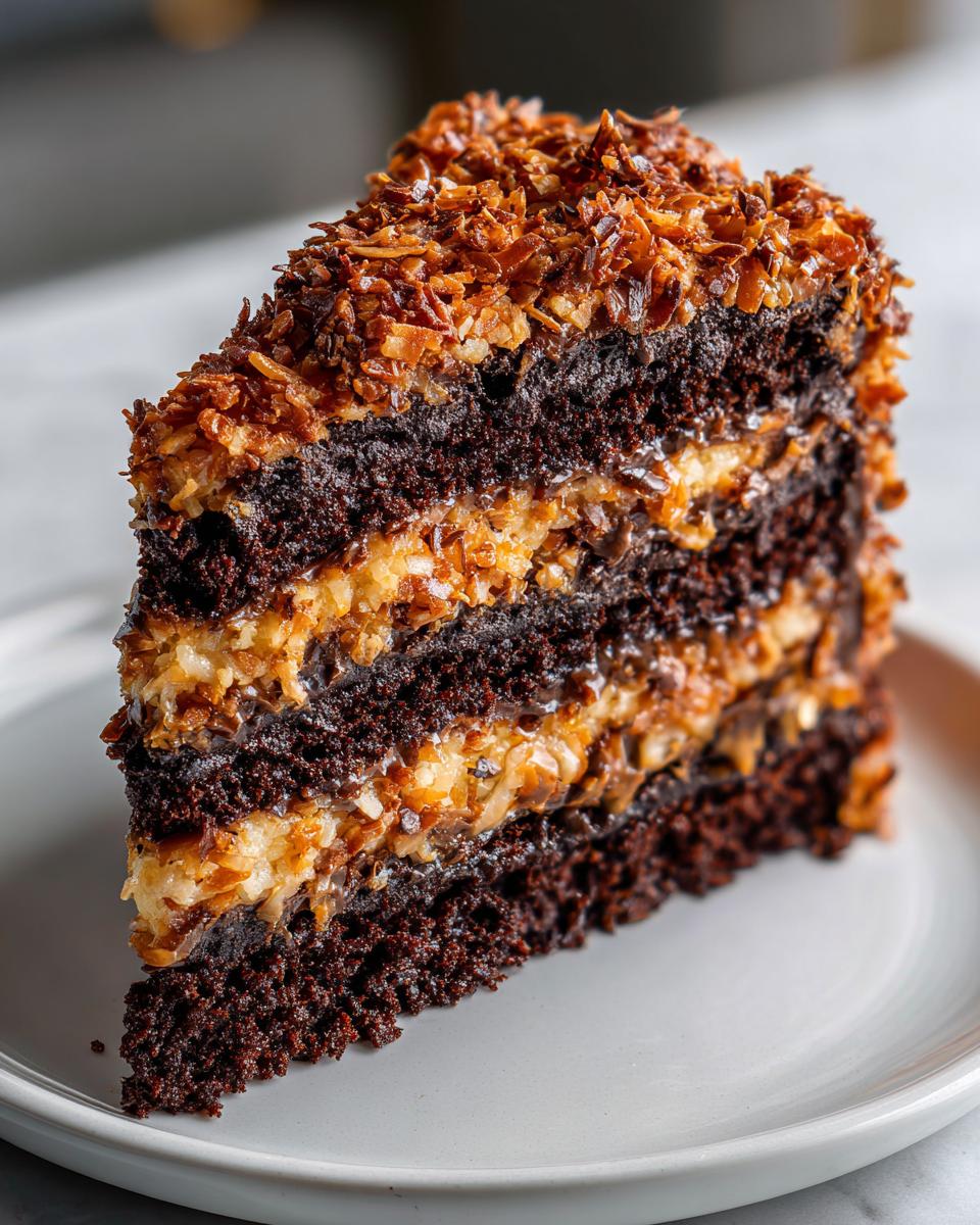 A decadent slice of german chocolate cake recipe showing multiple dark chocolate layers and coconut-pecan frosting.