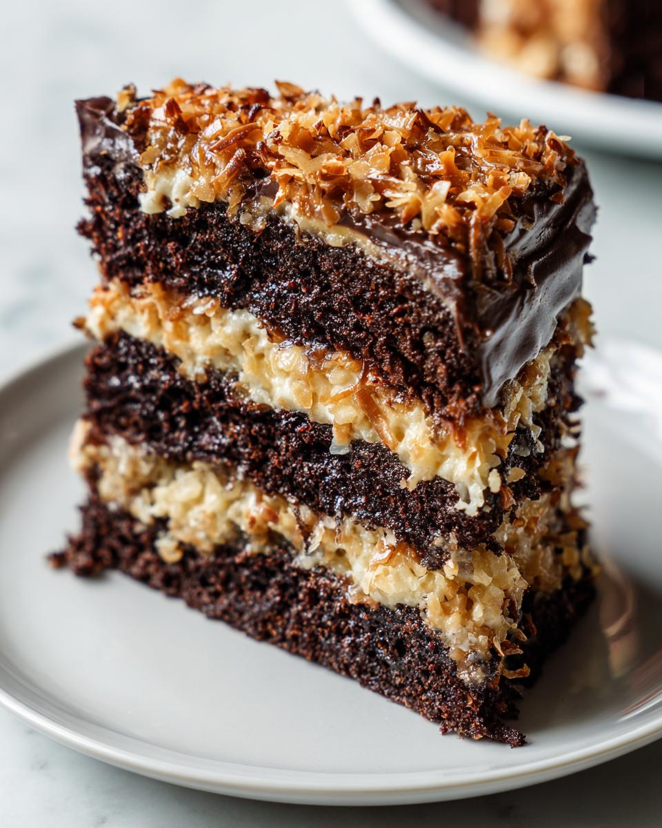 Close-up of a decadent slice of german chocolate cake recipe showing three layers of dark chocolate cake and coconut-pecan filling.