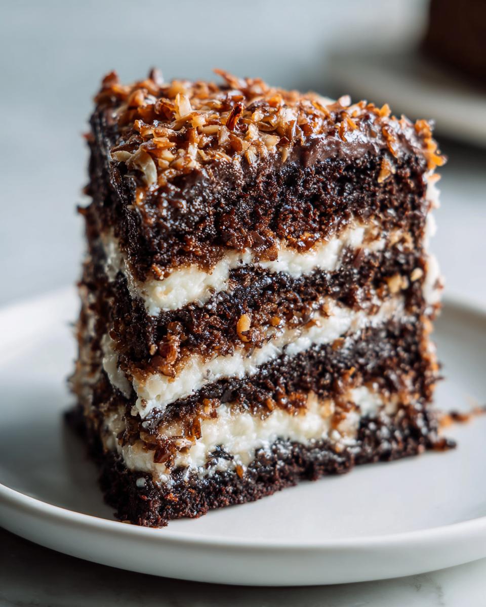 Close-up of a decadent slice of german chocolate cake recipe with three layers of dark cake and coconut-pecan filling.