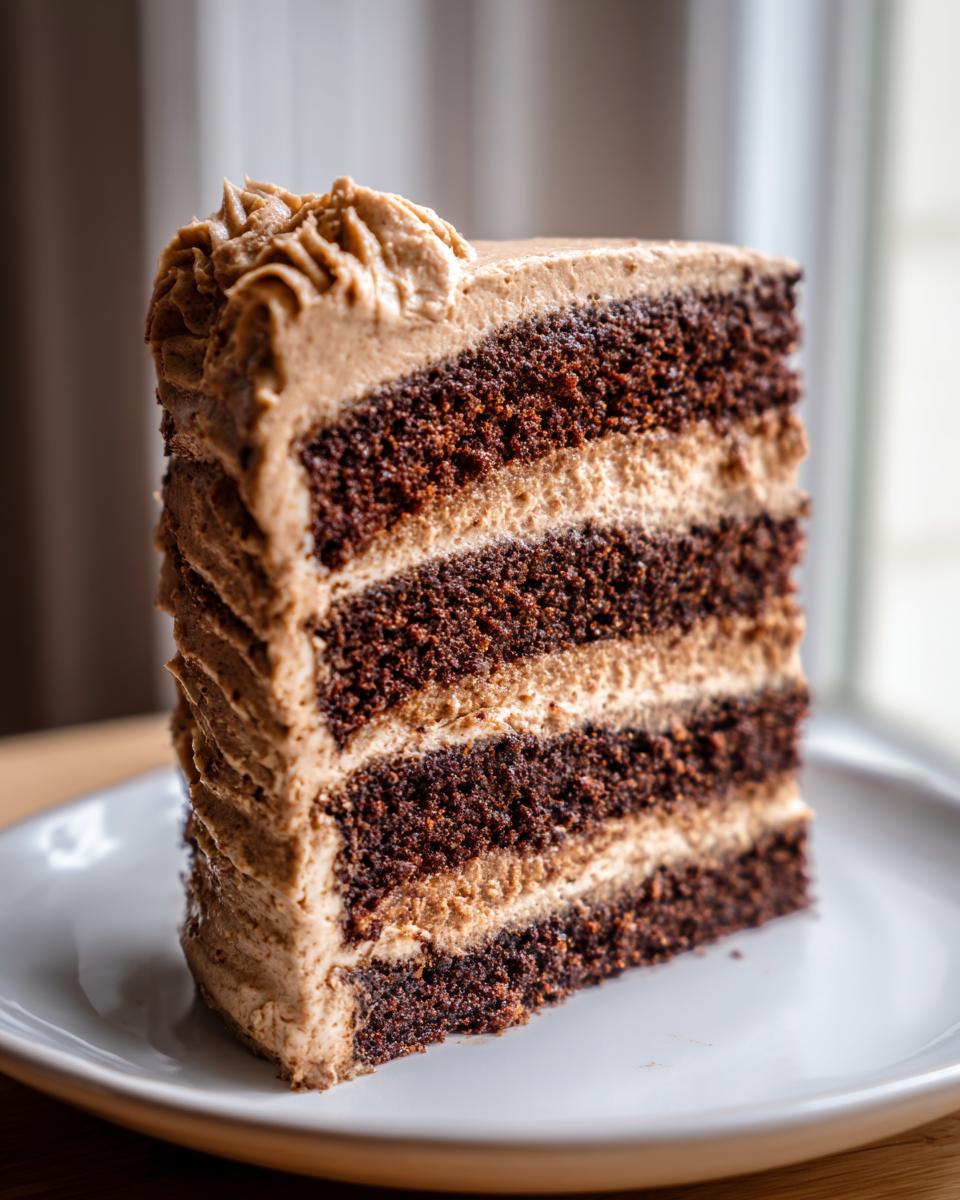 Close-up of a tall slice of gingerbread latte cake showing four dark chocolate layers alternating with light brown frosting.