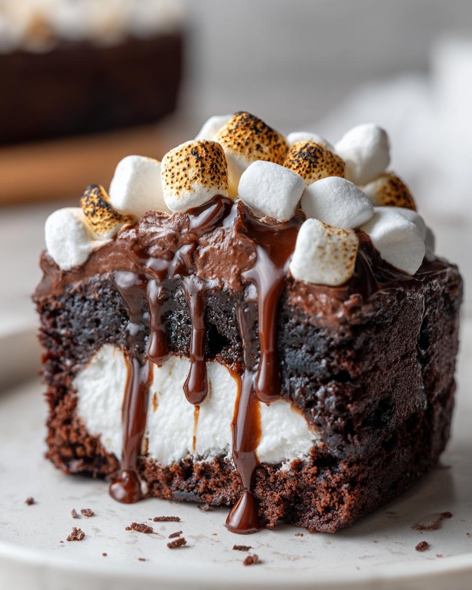 Close-up of a slice of decadent hot chocolate poke cake filled with white fluff and topped with chocolate ganache and toasted marshmallows.