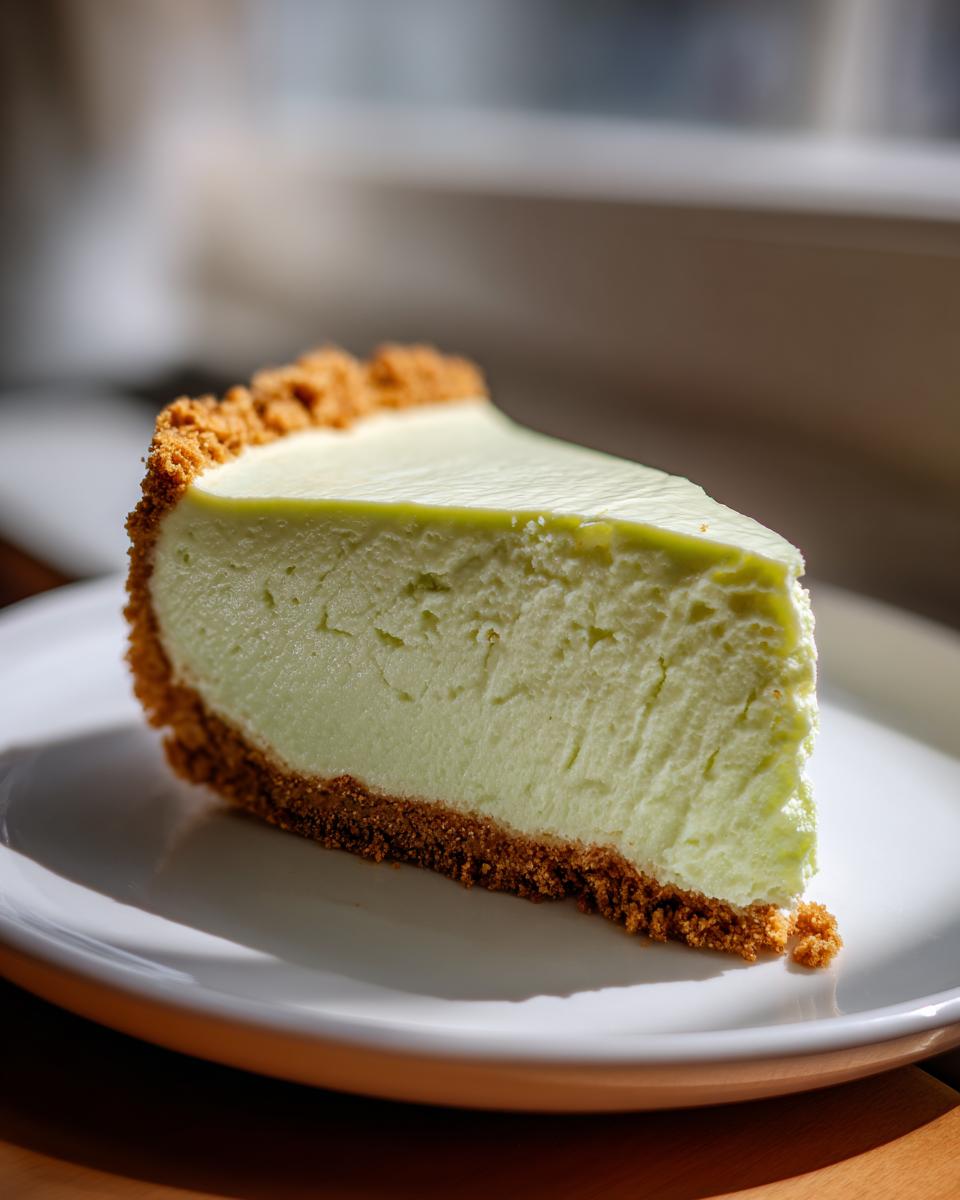 A close-up, brightly lit slice of pale green key lime cheesecake sitting on a white plate.
