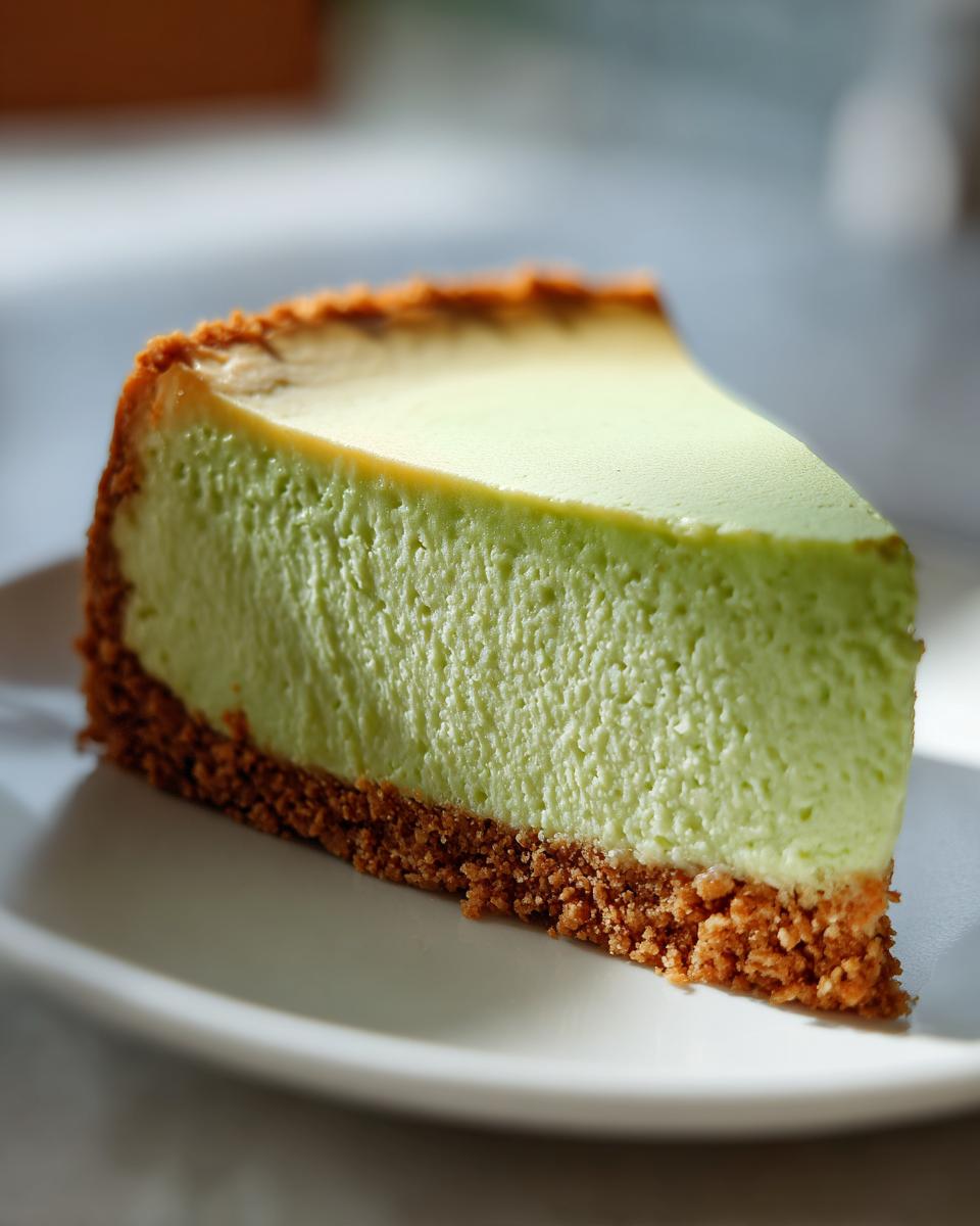 A close-up, appetizing slice of bright green key lime cheesecake resting on a white plate.