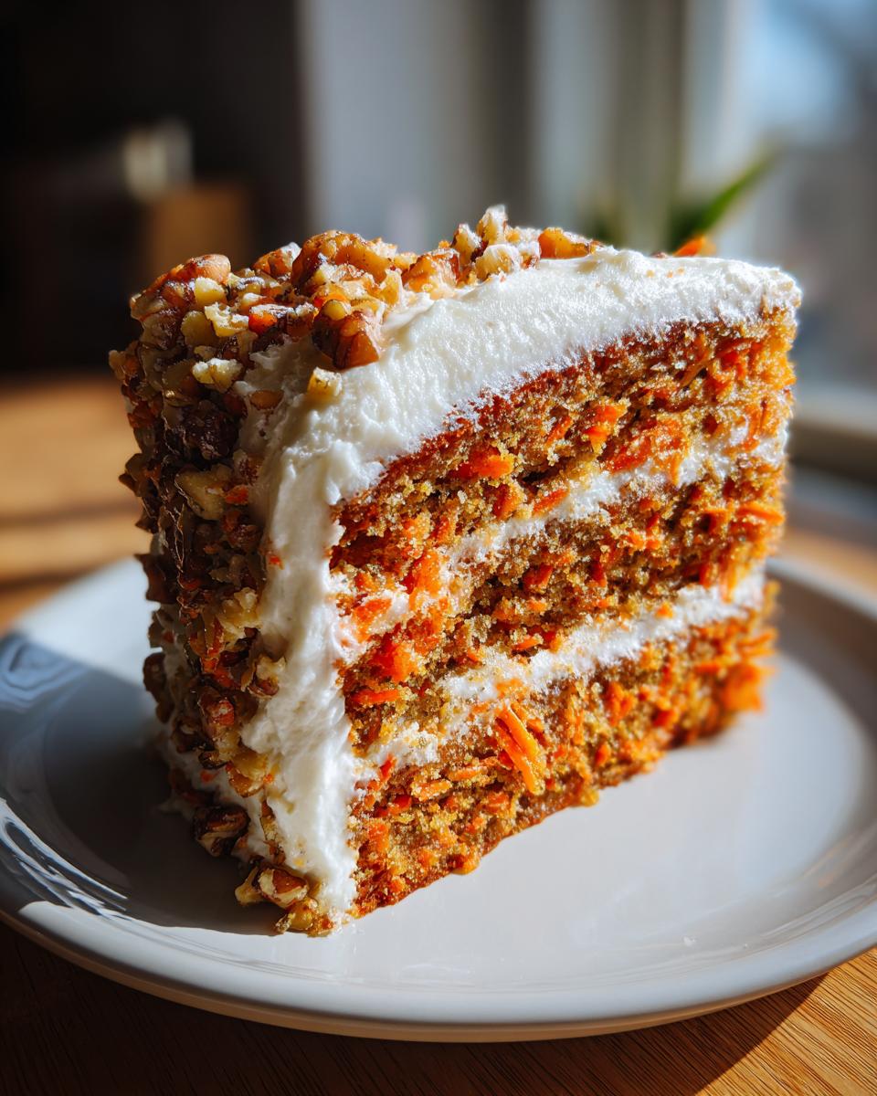 A tall slice of moist carrot cake recipe with cream cheese frosting and chopped walnuts.