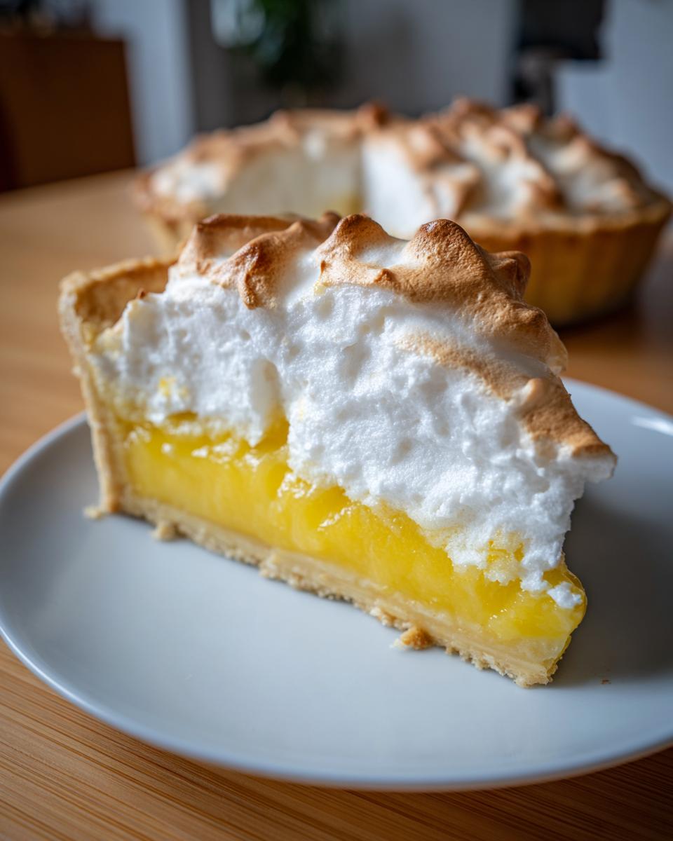 A thick slice of lemon meringue pie showing bright yellow filling, flaky crust, and tall, toasted meringue.