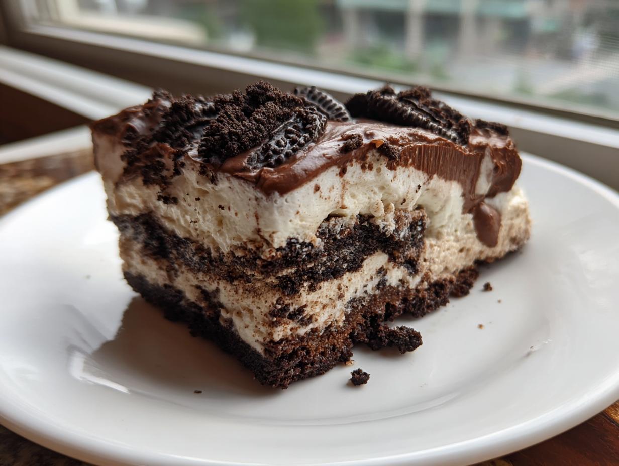 A rich, layered slice of dirt cake featuring chocolate cookie crumbs and creamy filling, topped with chocolate frosting.