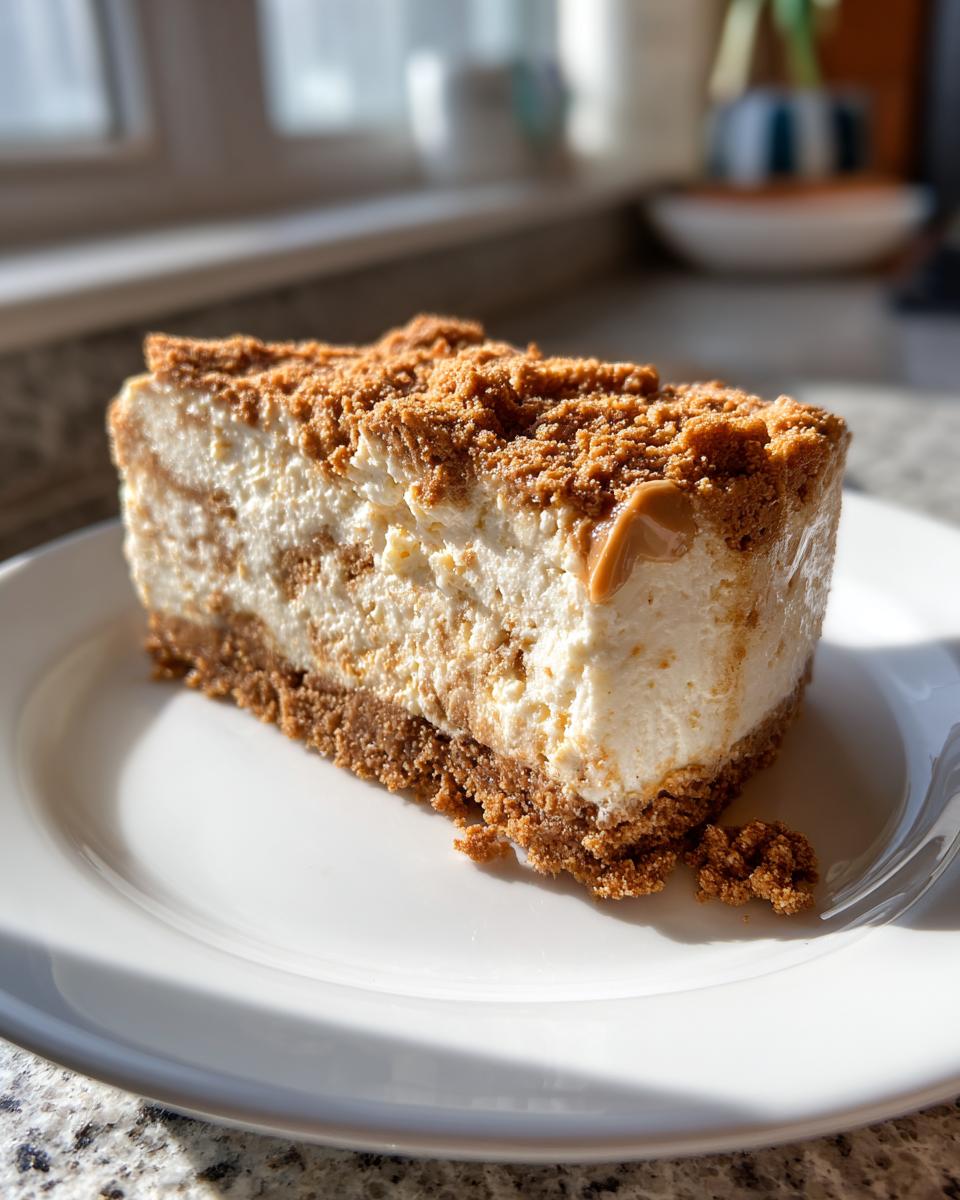 A thick slice of creamy biscoff cheesecake with a crumbly crust and topping, served on a white plate.