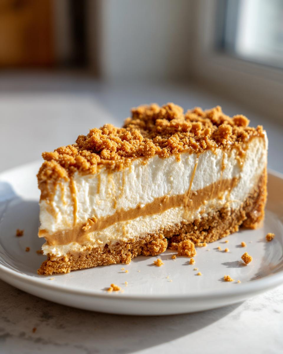 A decadent slice of no-bake biscoff cheesecake featuring layers of cream cheese, biscoff spread, and a thick crumb topping.