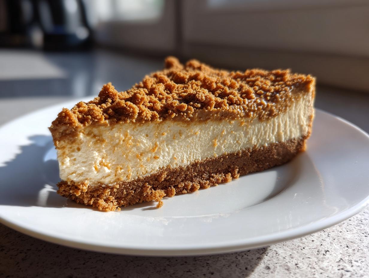 A close-up shot of a perfect slice of creamy biscoff cheesecake on a white plate, topped with cookie crumbs.