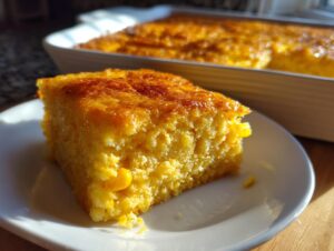 A square slice of golden, moist cornbread casserole with visible corn kernels, served on a white plate.