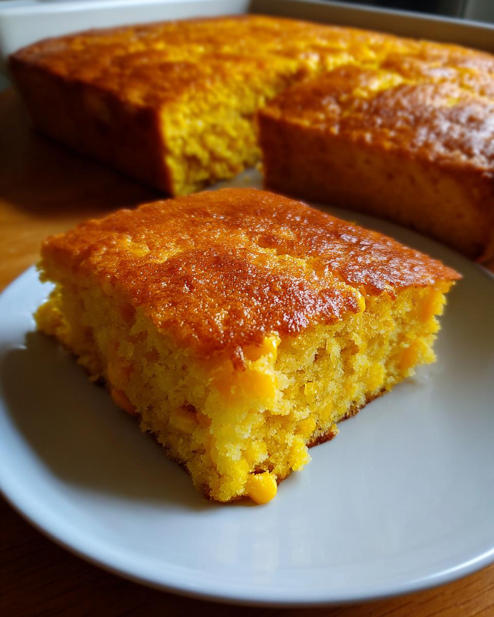 A close-up of a square slice of moist cornbread casserole with whole corn kernels visible, served on a light blue plate.