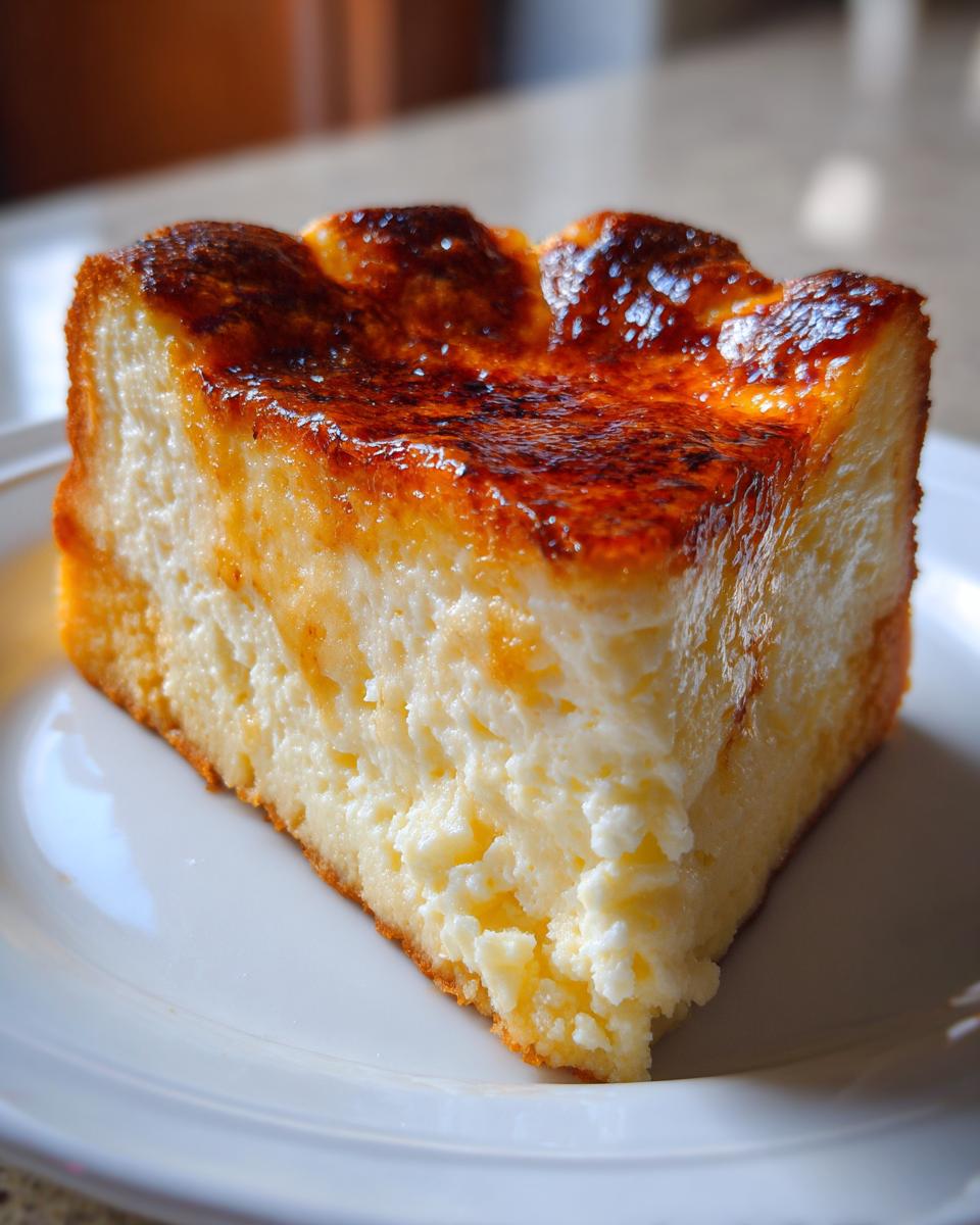 A close-up of a thick slice of creme brulee cheesecake showing the creamy interior and a perfectly caramelized, torched sugar top.