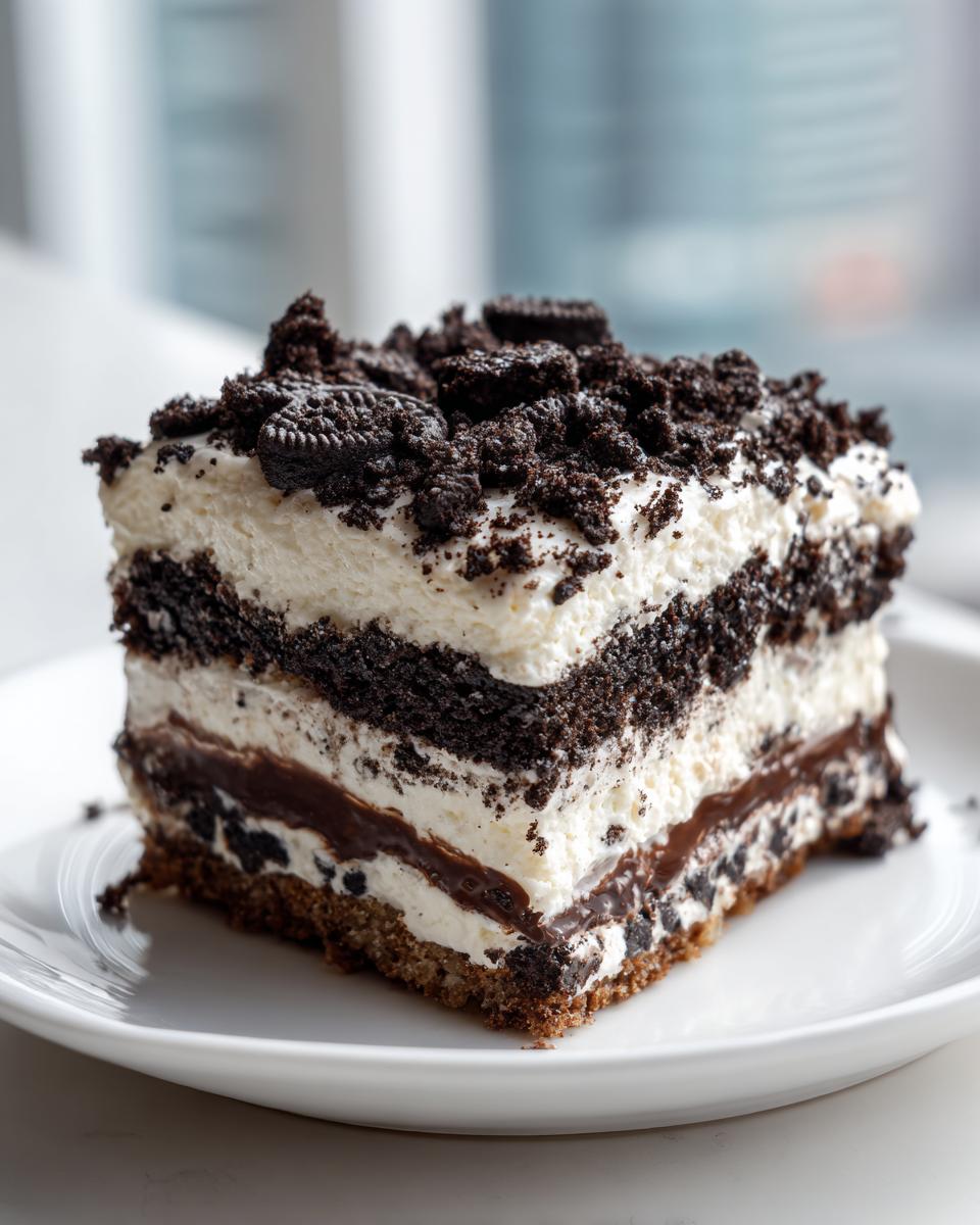 A layered slice of amazing 20-minute dirt cake featuring cream, chocolate, and crushed Oreo cookies on top.