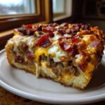 A thick, cheesy slice of garbage bread loaded with ground meat and bacon pieces, served on a white plate.