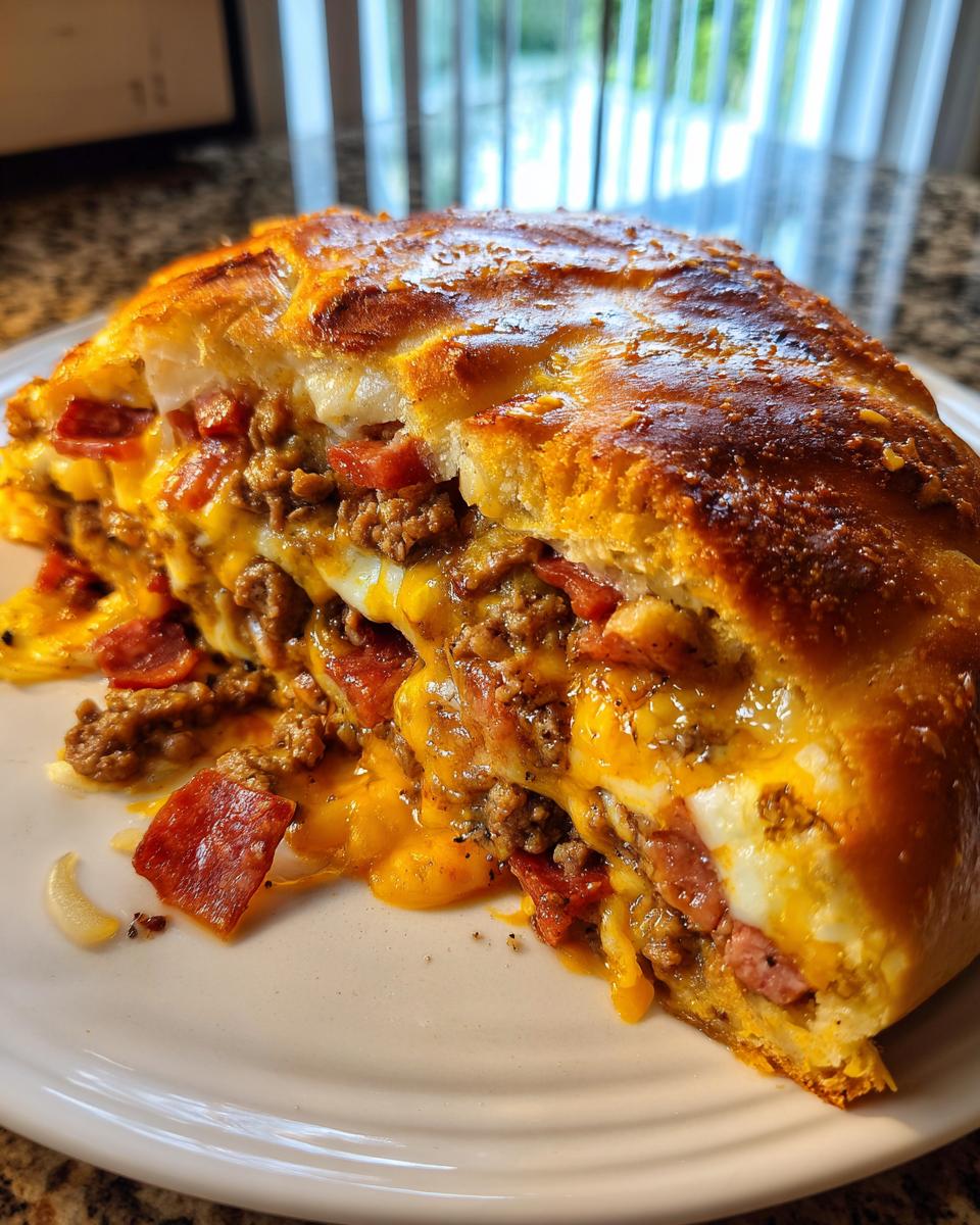 A cross-section of cheesy, meaty garbage bread showing layers of ground beef, pepperoni, and melted cheese baked inside golden dough.