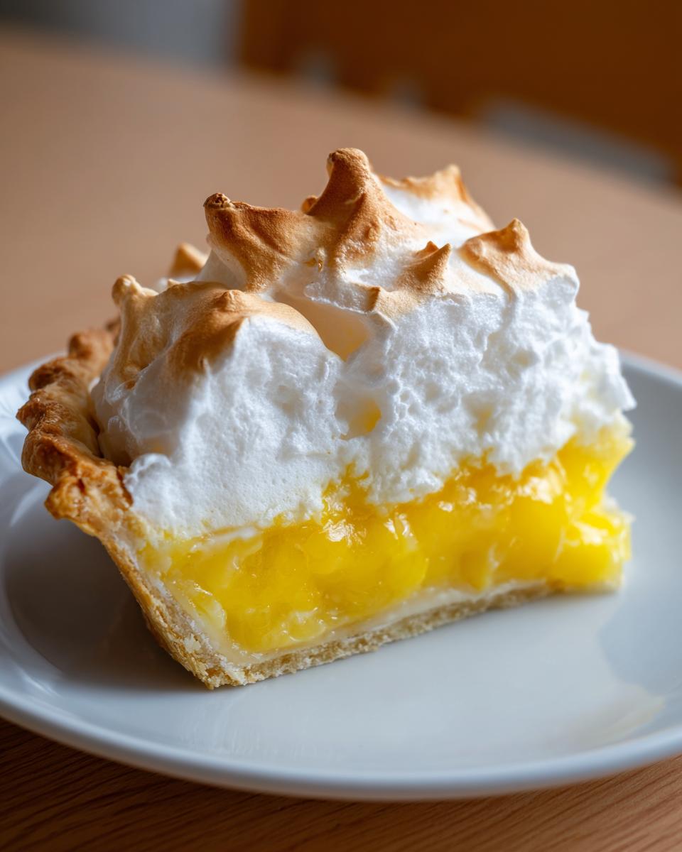 A close-up slice of lemon meringue pie showing bright yellow filling and toasted meringue peaks.