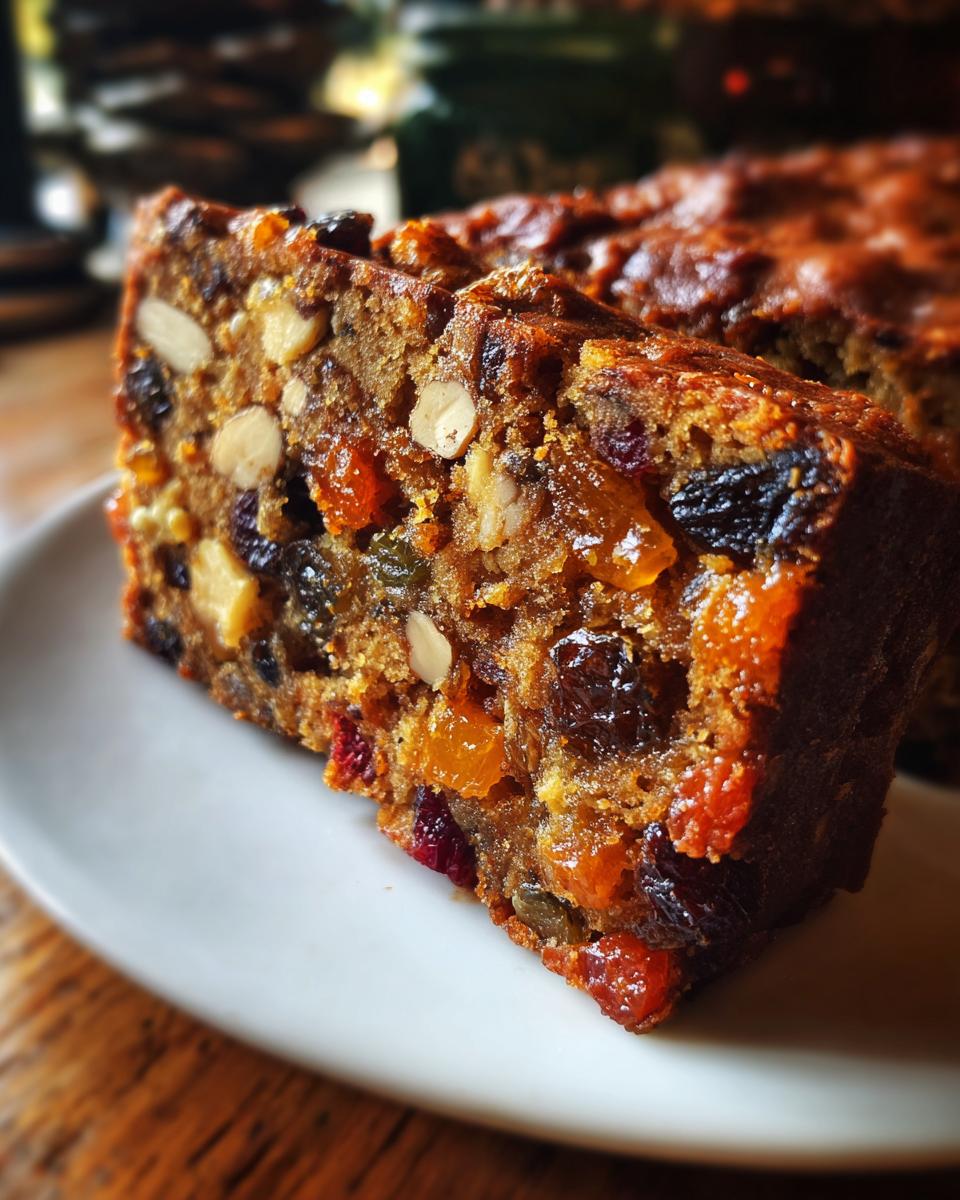 Close-up of a thick slice of moist fruit cake recipe packed with candied fruit and whole nuts on a white plate.