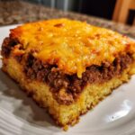 Close-up of a square slice of tamale pie showing a thick cornbread base, seasoned ground meat filling, and melted cheddar cheese topping.