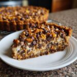 A thick slice of rich texas trash pie topped with caramel, nuts, and chocolate chips on a white plate.
