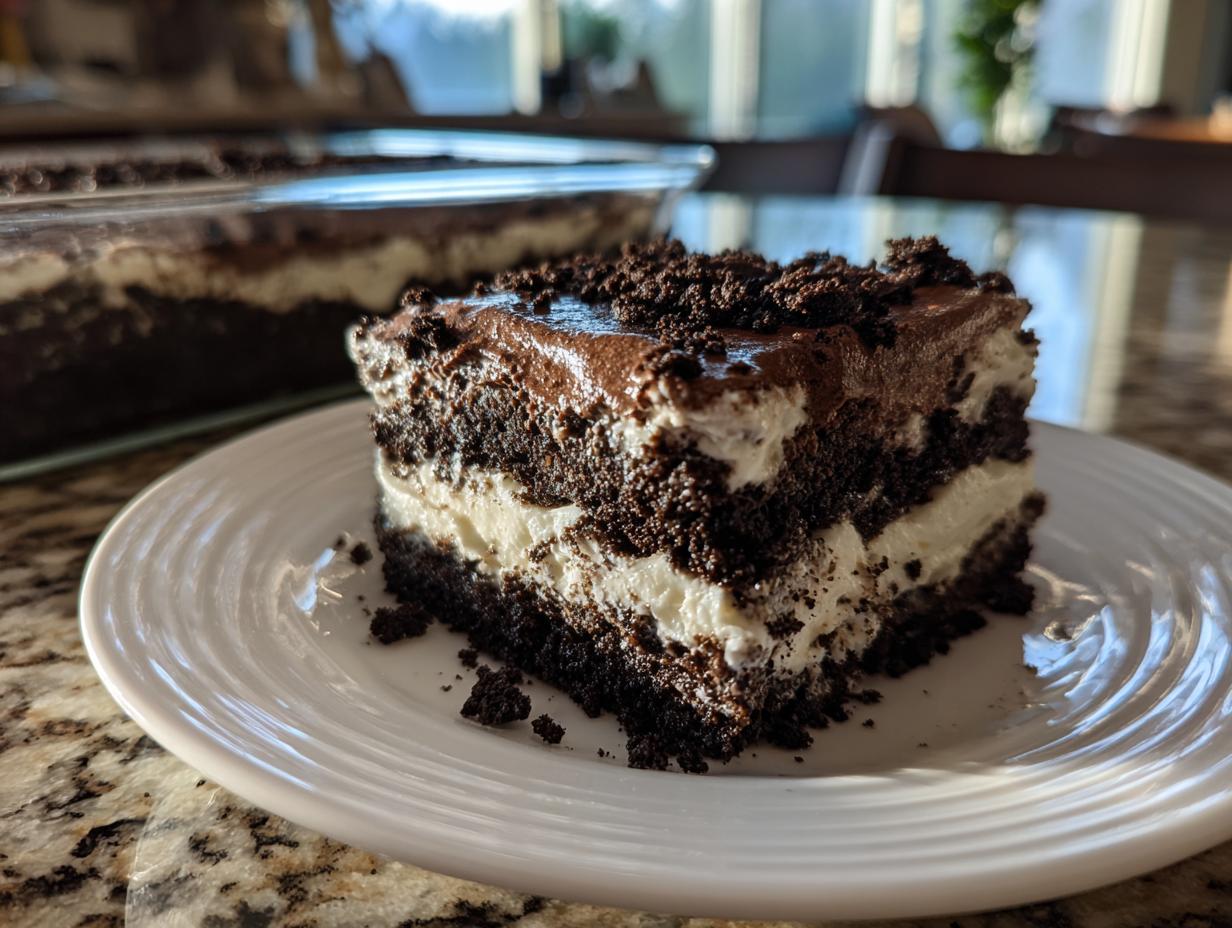 A generous slice of layered Oreo dirt cake featuring dark chocolate cake, white cream filling, and crushed cookie topping.