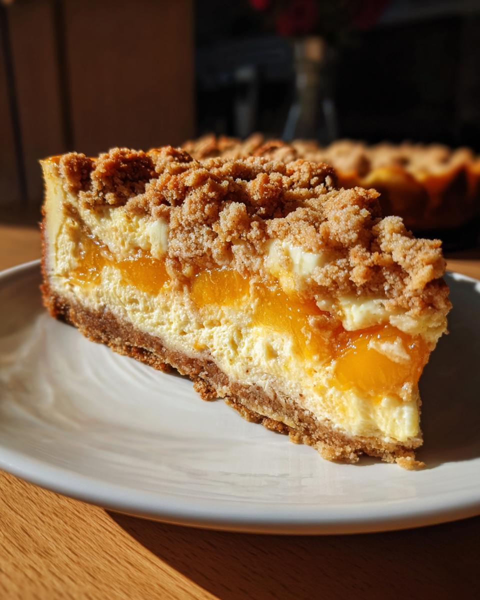A thick slice of peach cobbler cheesecake featuring layers of creamy filling, bright peaches, and a crumbly streusel topping.