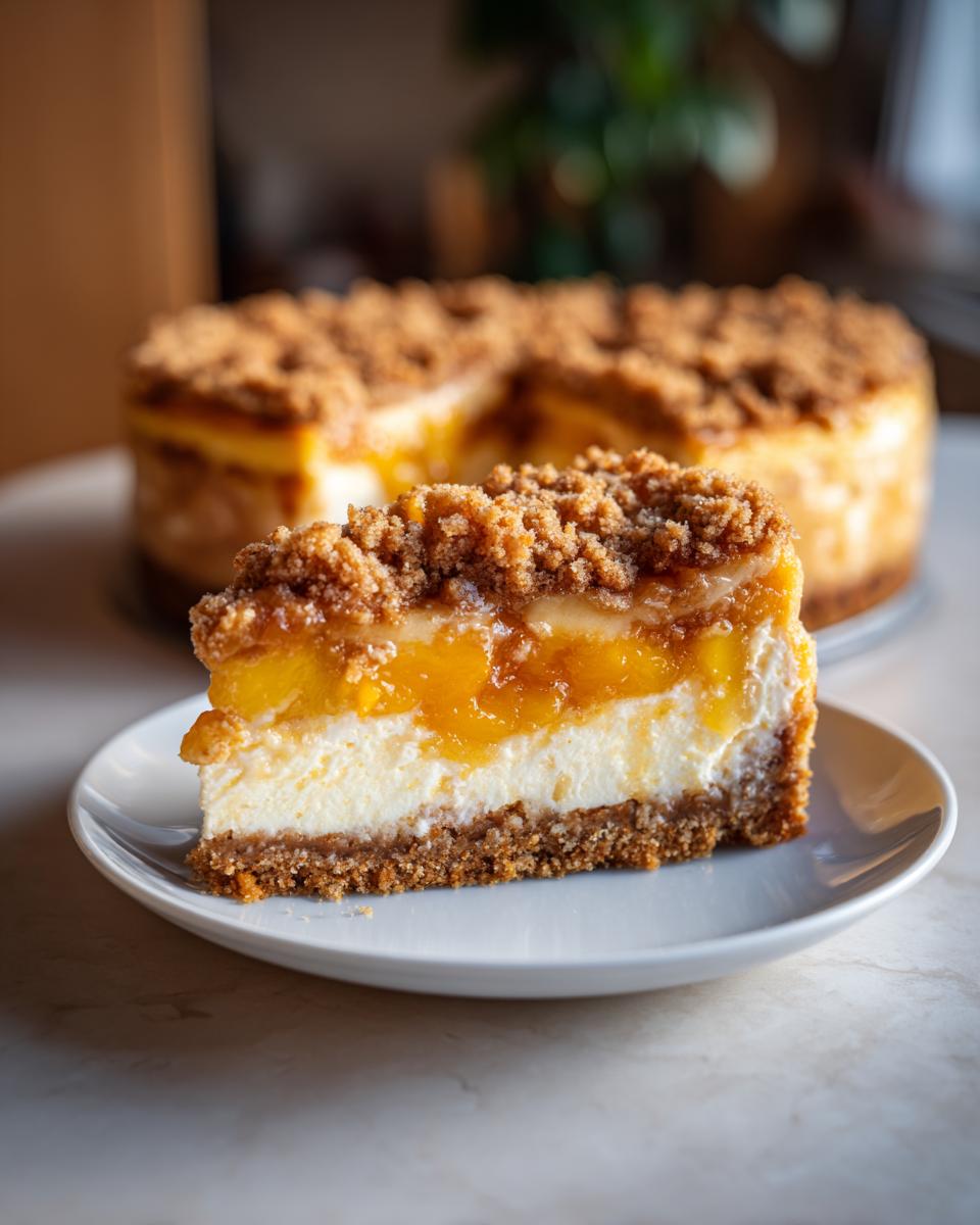 A close-up slice of peach cobbler cheesecake showing layers of graham cracker crust, cream cheese filling, and peach topping.