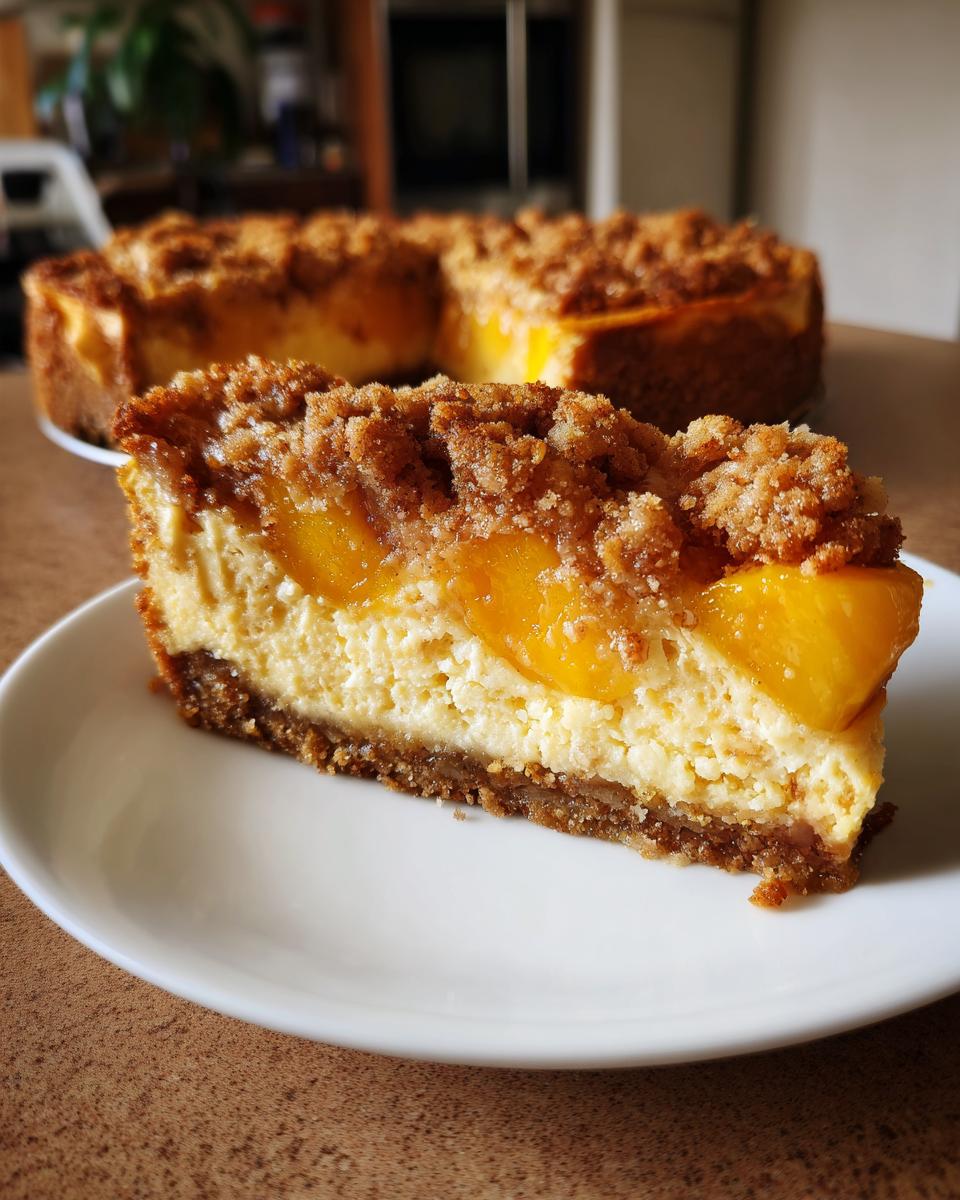 A close-up slice of peach cobbler cheesecake showing the graham cracker crust, creamy filling, peaches, and crumble topping.