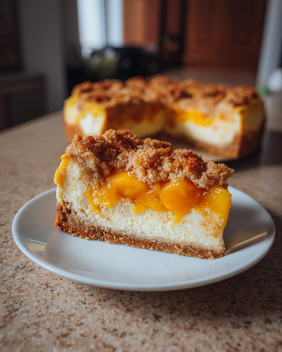A close-up slice of peach cobbler cheesecake featuring a graham cracker crust, creamy filling, and peach topping.
