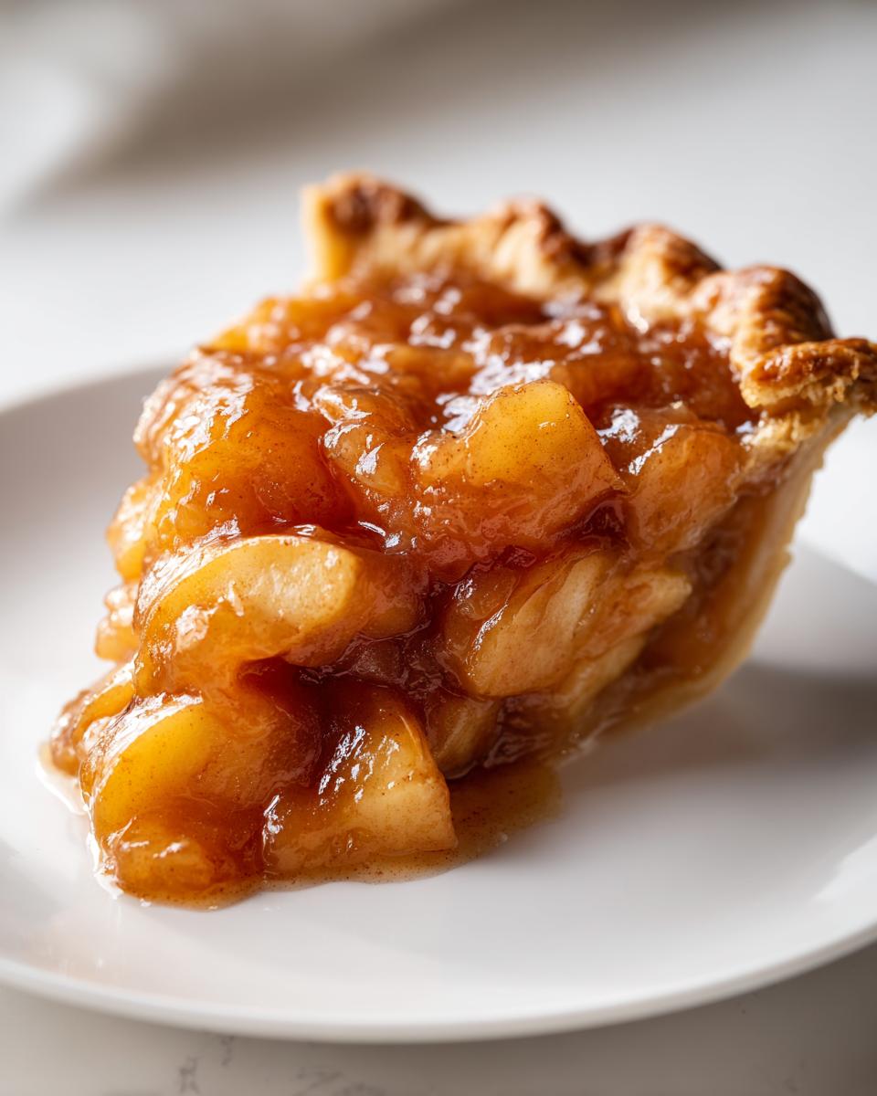 Close-up of a slice of pie showcasing thick, glossy apple pie filling recipe chunks in a flaky crust.