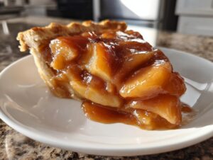Close-up of a slice of pie featuring thick, glossy apple pie filling on a white plate.