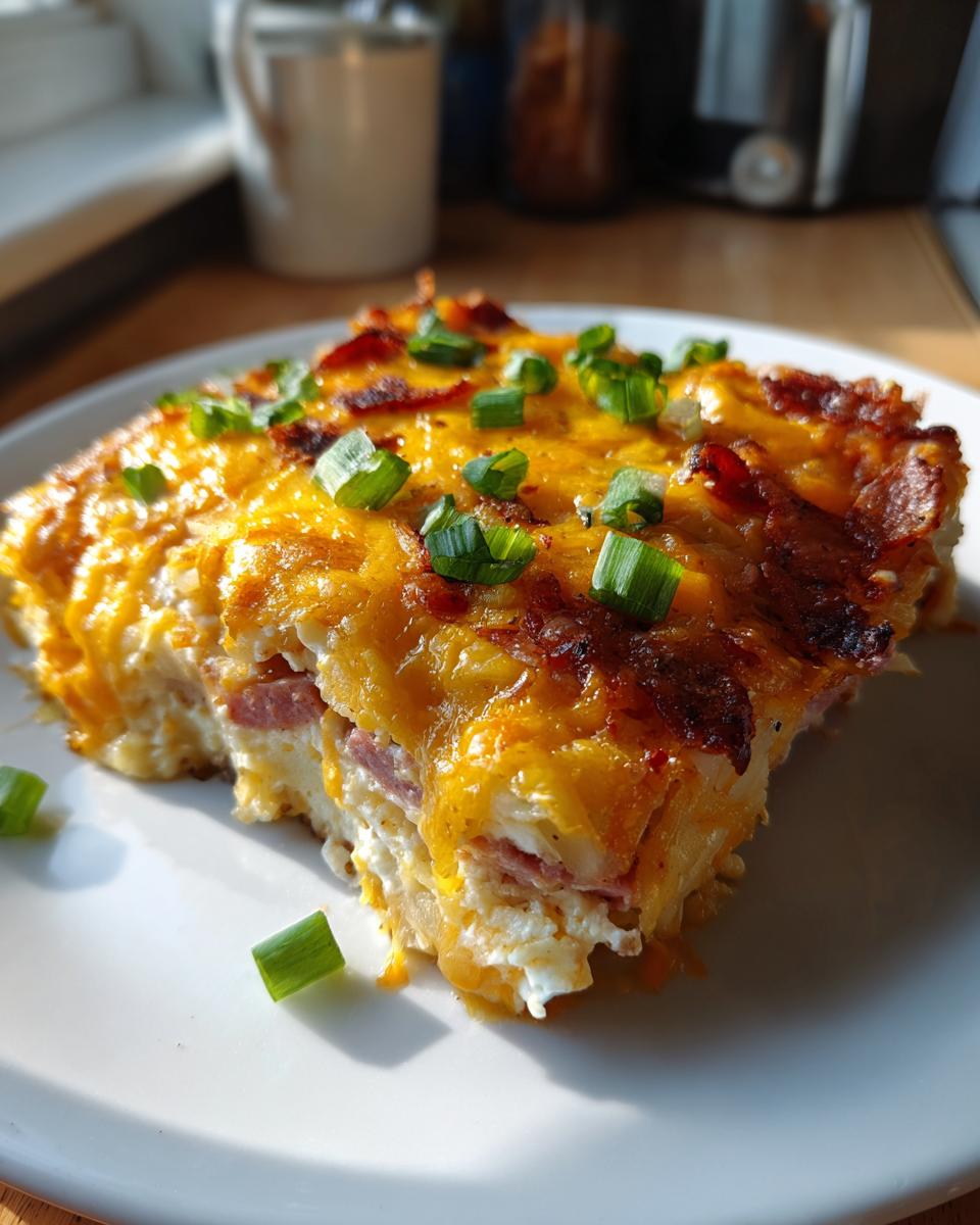 A hearty slice of pierogi casserole topped with melted cheddar cheese, bacon bits, and fresh green onions.