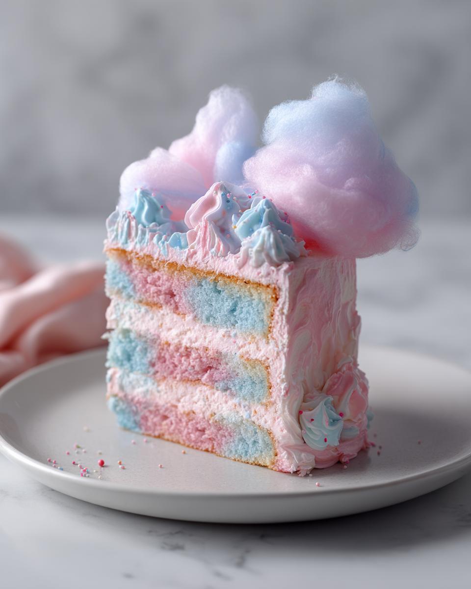 A tall slice of pink and blue layered cotton candy cake topped with fluffy pink and blue cotton candy.