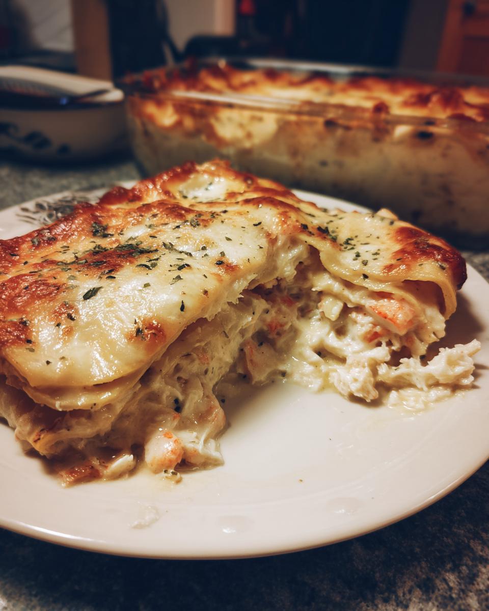 A close-up slice of creamy seafood lasagna showing layers, rich filling, and a golden, cheesy top sprinkled with herbs.