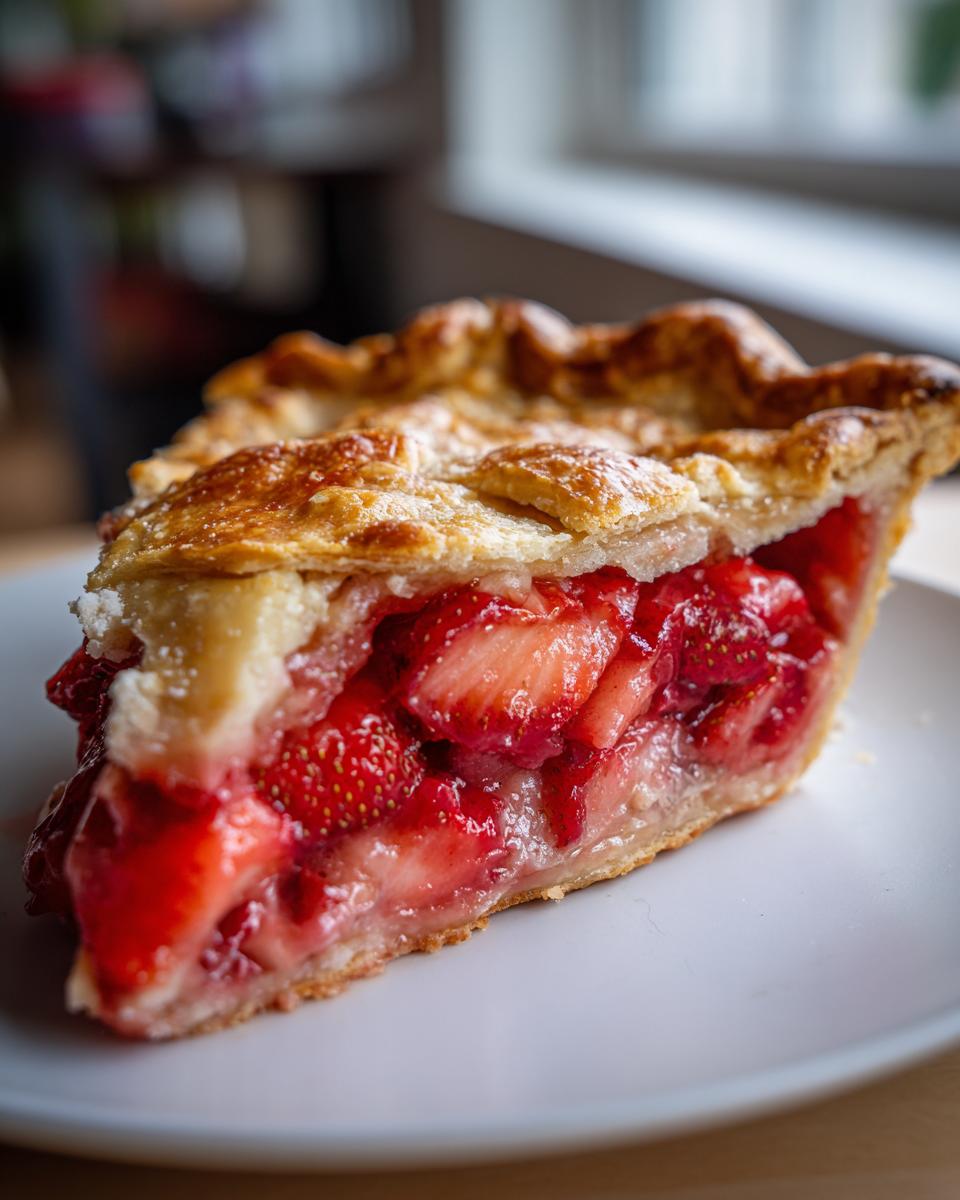 Close-up of a thick slice of strawberry rhubarb pie showing bright red filling and a flaky, golden-brown top crust.