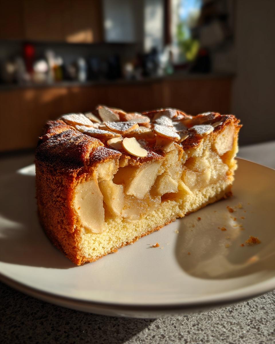 A close-up slice of amazing swedish apple cake, topped with flaked almonds and powdered sugar, sitting on a plate.