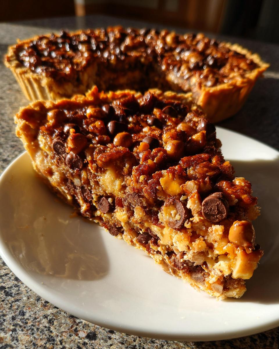 A close-up slice of decadent texas trash pie loaded with nuts and chocolate chips on a white plate.
