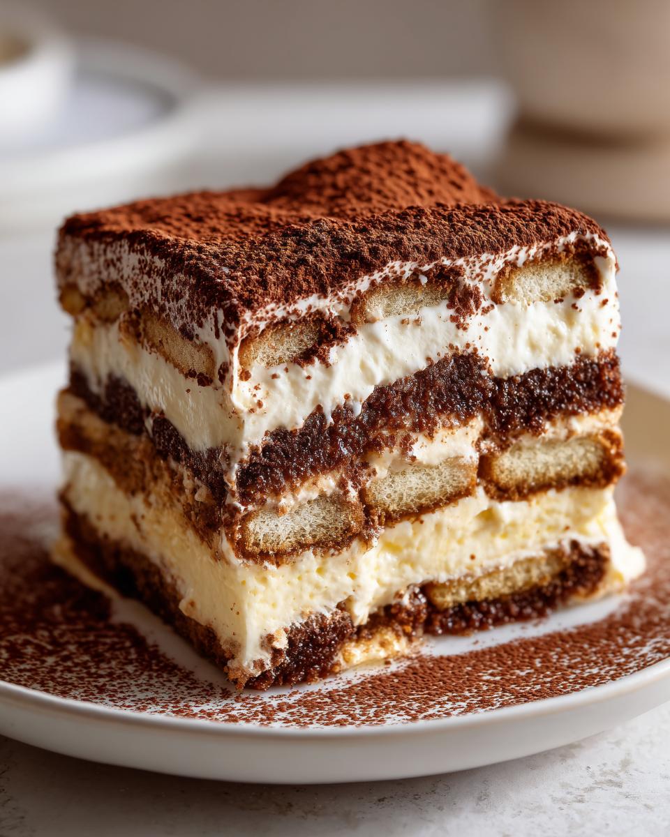 A decadent slice of tiramisu cheesecake layered with ladyfingers, cream, and dusted heavily with cocoa powder.