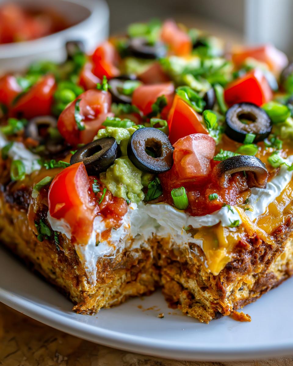 A close-up view of a square slice of 7 layer dip showing distinct layers and fresh toppings like tomatoes, olives, and guacamole.